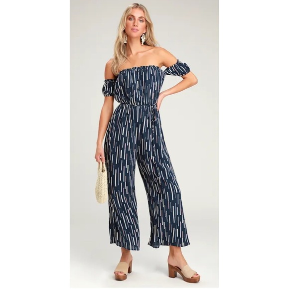 Lulus Pants - Lulus Navy Blue Abstract Stripe Off Shoulder Jumpsuit Medium Puff Sleeve Boho